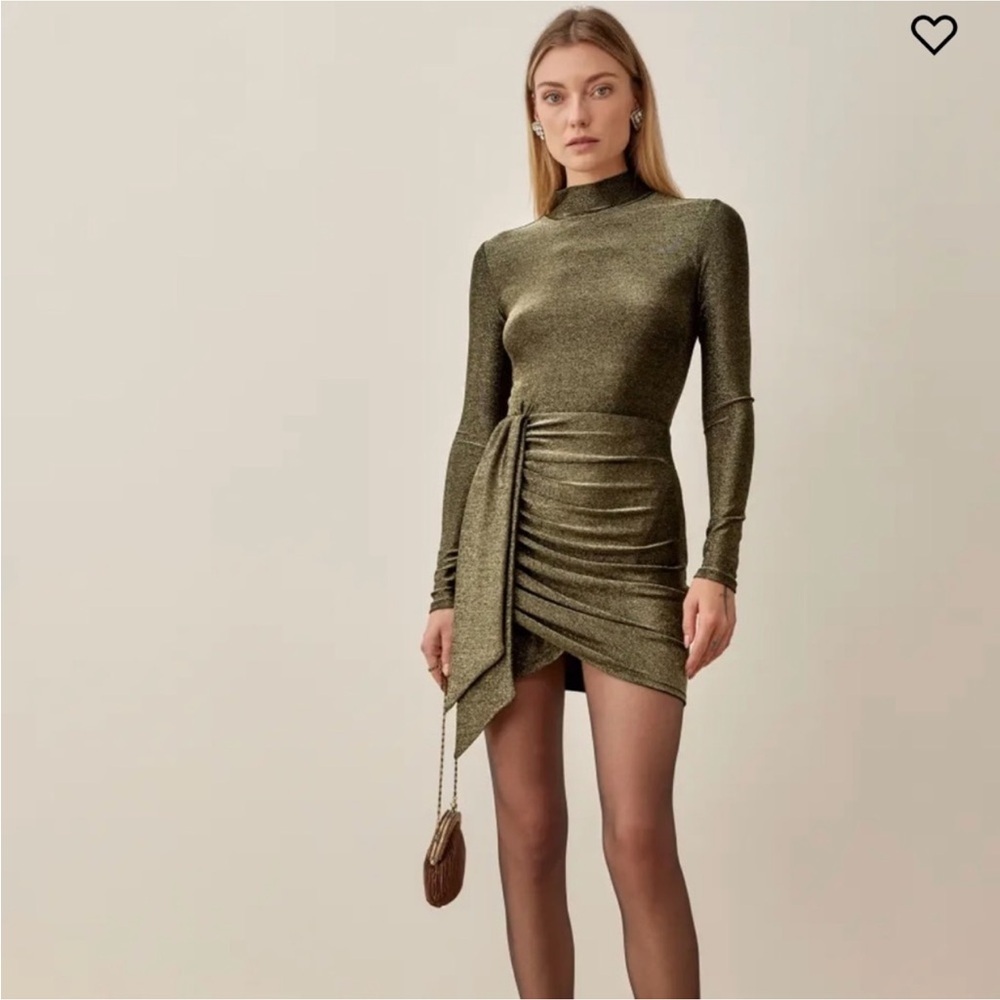 Reformation Paprika Gold Sparkle Mock Neck Faux Wrap Dress Retro Disco Shimmer